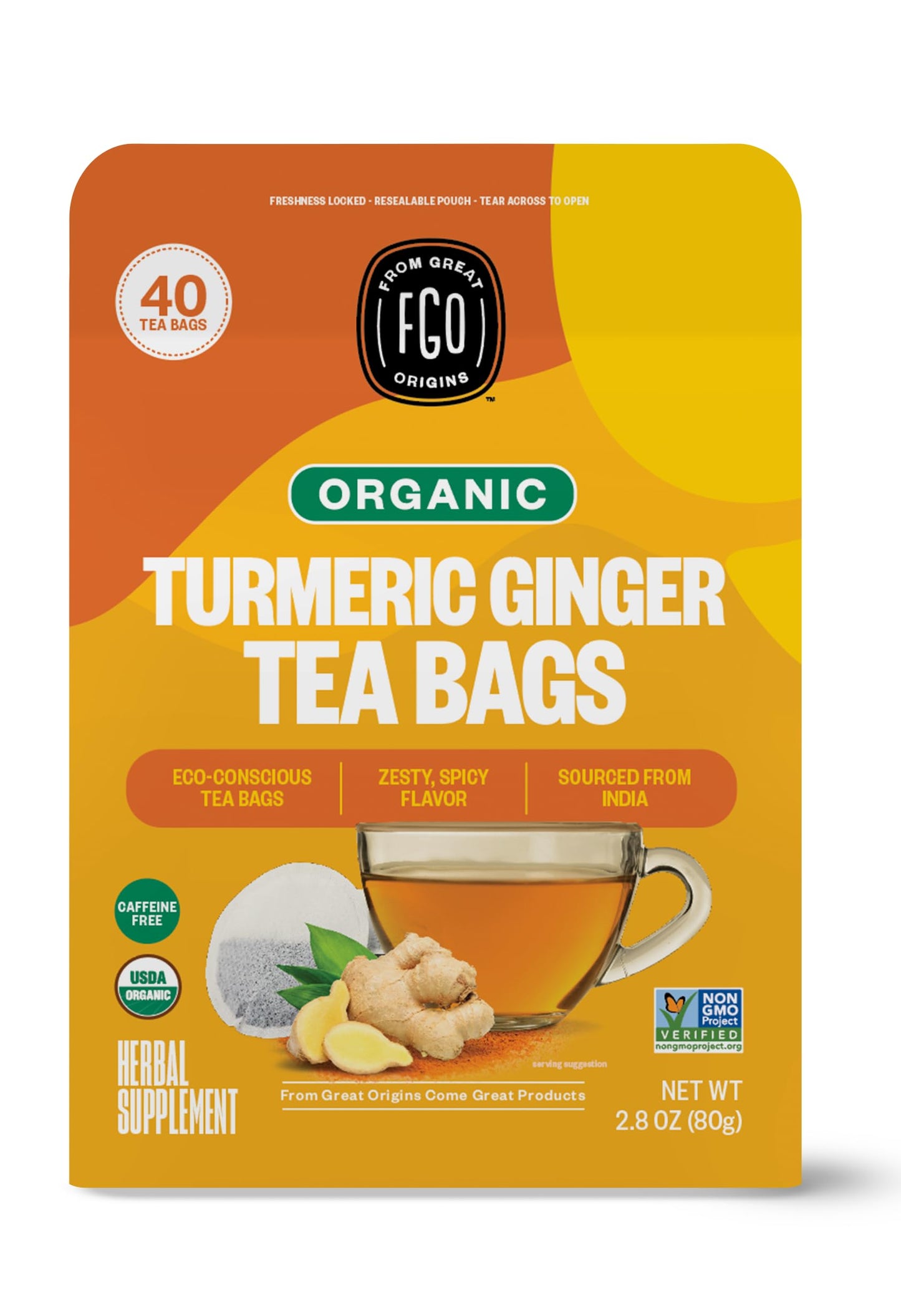 Fgo Organic Turmeric Flavor Blendger Herbal Tea 40 Count Eco-Conscious Tea Bags Energy Blend Free (Pack Of 1)