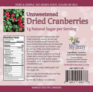 My Berry Organics Unsweetened Dried Cranberries, No Added Sugar, 3oz, Woman-Owned, 1g Natural Sugar Per Serving