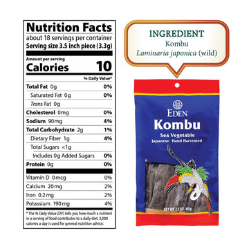 Eden Kombu, Wild Japanese Hand Harvested Sea Vegetable, Hokkaido, Dashi, Seaweed, 2.1 Oz (6-Pack)
