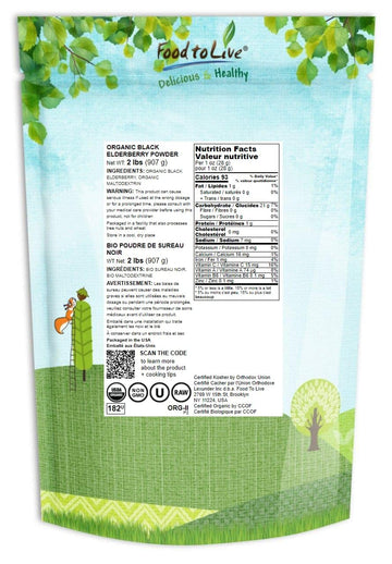 Food To Live Organic Black Elderberry Powder, 2 Pounds – Non-Gmo, Made From Raw Dried Berries, Unsulfured, Vegan, Bulk, Great For Baking, Smoothies, Yogurts, No Sulphites, Contains Maltodextrin