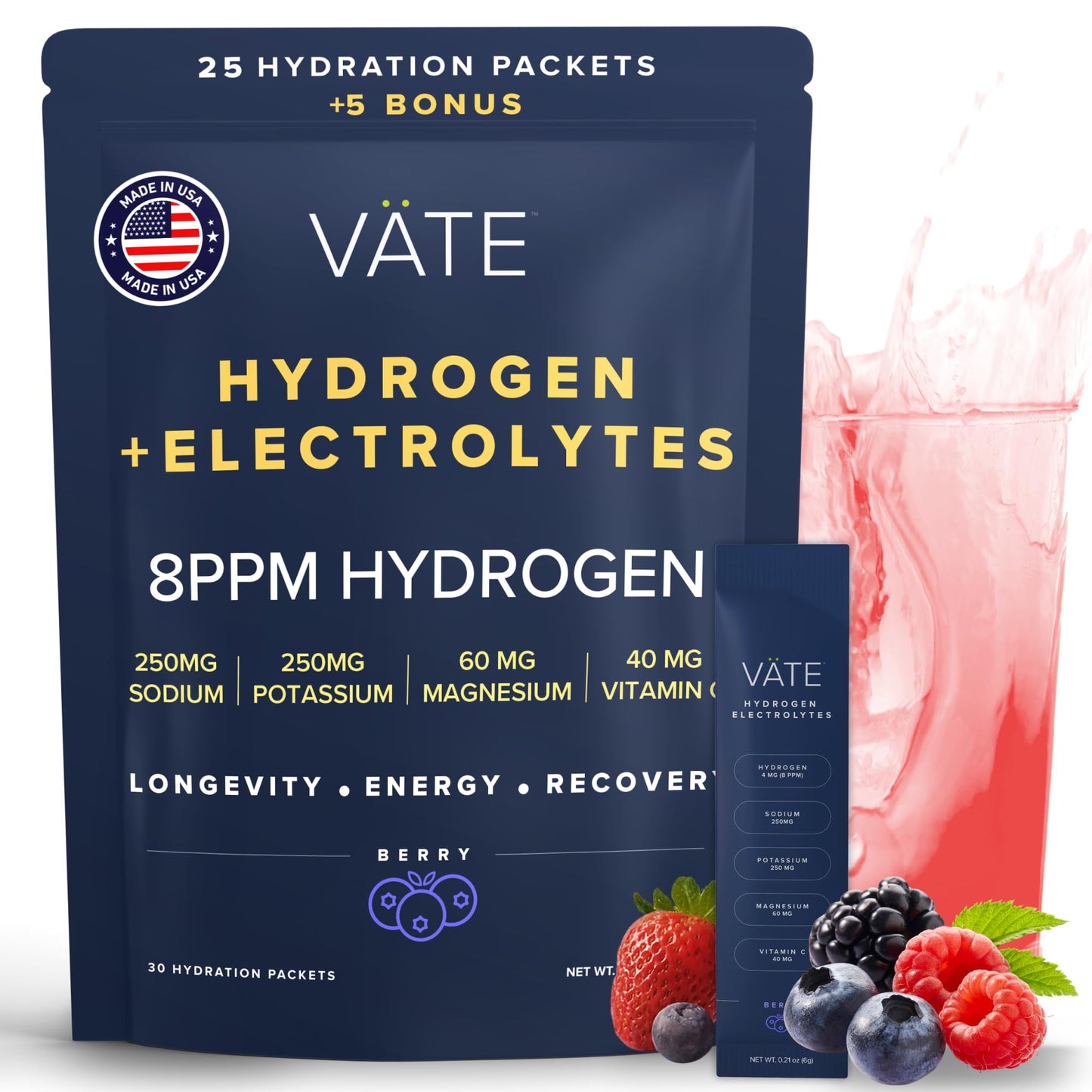 VATE Hydrogen Water + Electrolytes Powder Packets, 8 PPM Molecular Hydrogen + Electrolytes for Hydration, Focus & Recovery,Packe
