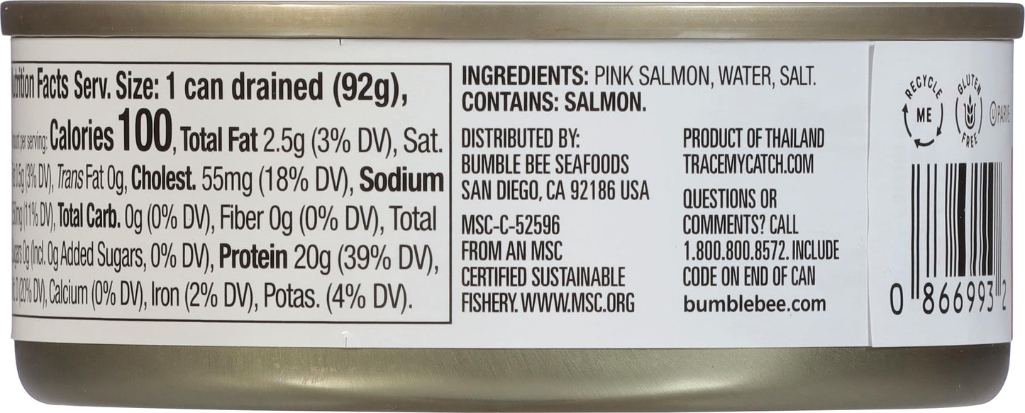 Bumble Bee Canned Pink Salmon - Skinless & Boneless, 5 oz - Premium Wild Caught, 20g Protein, Gluten Free, Kosher, MSC Certified