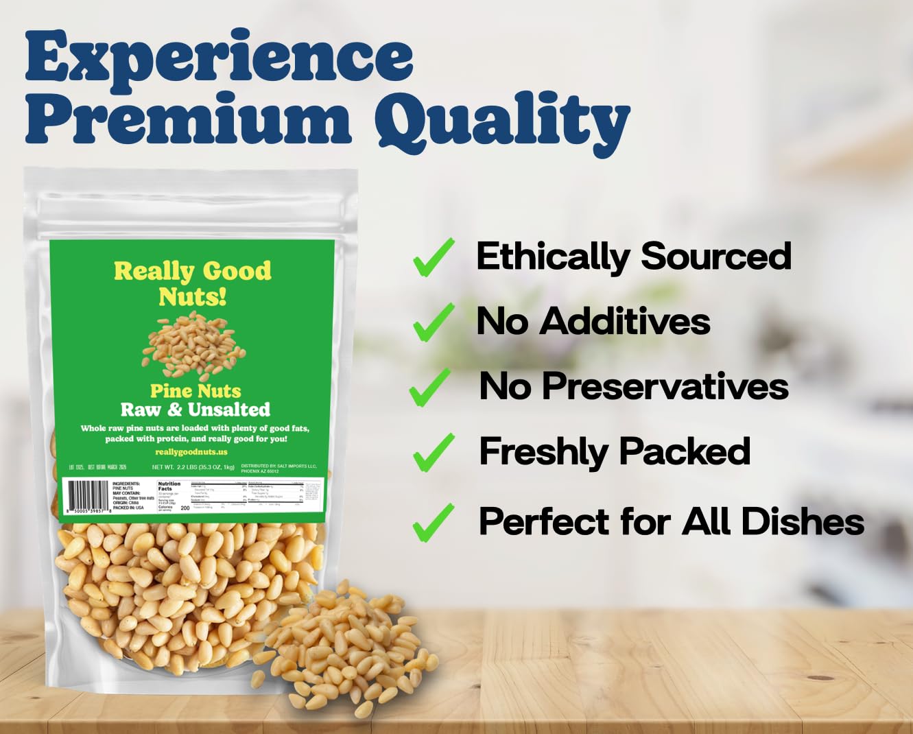 Really Good Nuts! Pine Nuts, 2.2 lb (35.2 oz), Raw, Gluten-Free, Kosher, Raw Nuts, Smooth & Creamy Pine Kernels, Shelled, Unsalt