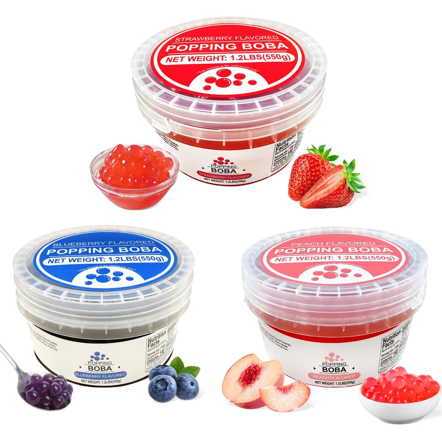 Soeos Popping Boba, 1.2 lbs, 550g (Strawberry, Blueberry & Peach) Pack of 3 - Bursting Fruit Flavor Pearls for Drinks, Desserts