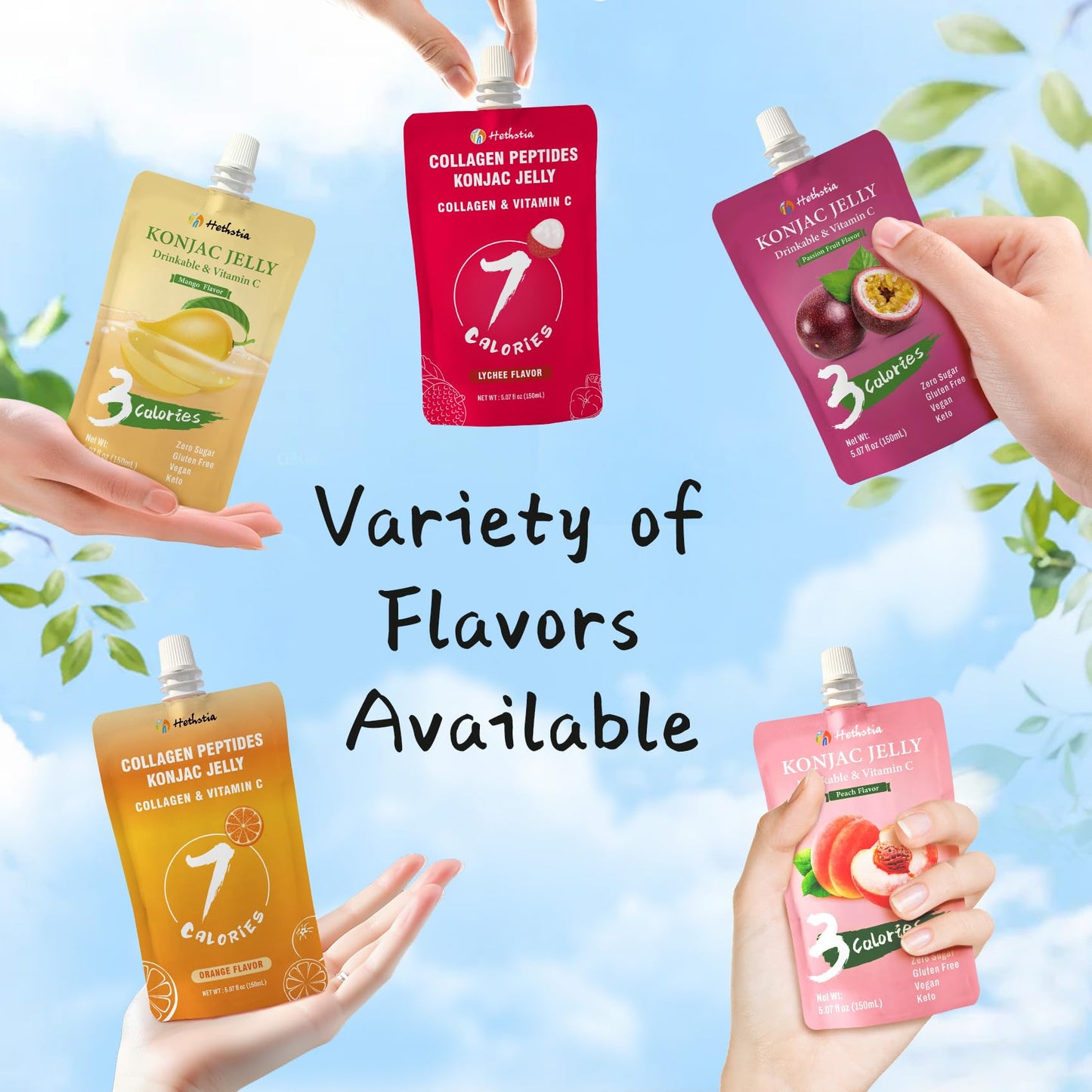 Hethstia Konjac Jelly Drinkable Squeeze Pouch Passion Fruit Flavor, 3 Calories, 10 Packs, 0 Sugar, Vegan, Gluten Free, Keto, Vit