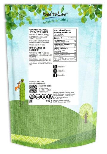 Food To Live - Organic Alfalfa Seeds For Sprouting, 3 Pounds - Non-Gmo, Edible Seeds, Pure, Vegan, Kosher, Bulk - Rich In Vitami