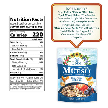Eden Organic Muesli Cereal, Eat Hot or Cold, Oat, Rye, Wheat, and Spelt Flakes, Raisins, Cranberries, Wild Blueberries, Pumpkin