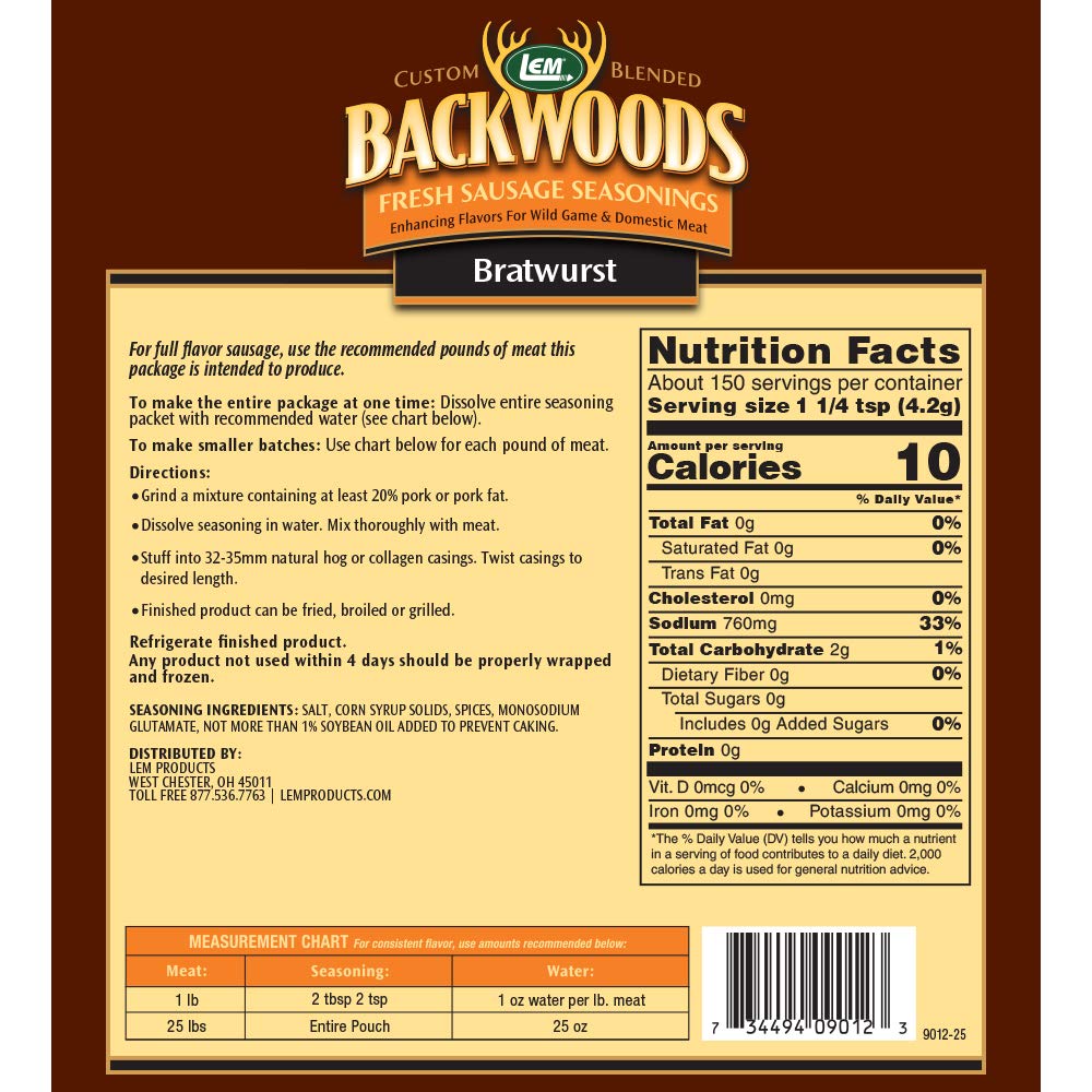 LEM Backwoods Bratwurst Fresh Sausage Seasoning, 22.5 Ounce, Model 9012