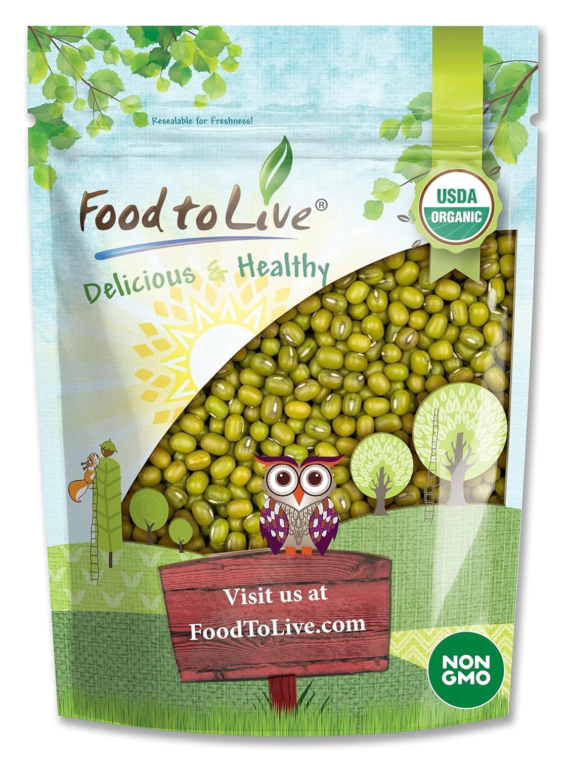 Food to Live Organic Mung Beans, 2 Pounds - Non-GMO, Whole Dried Beans, Green Gram, Sproutable, Kosher, Vegan, Sirtfood, Bulk. G