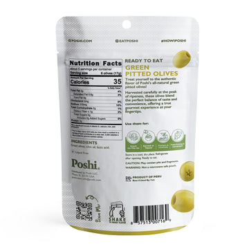 Poshi Green Olives - Original Flavor - Pitted Snack Packs - 3 Oz Bags - 6/Pack - All Natural, Non-GMO, Kosher, Gluten-Free