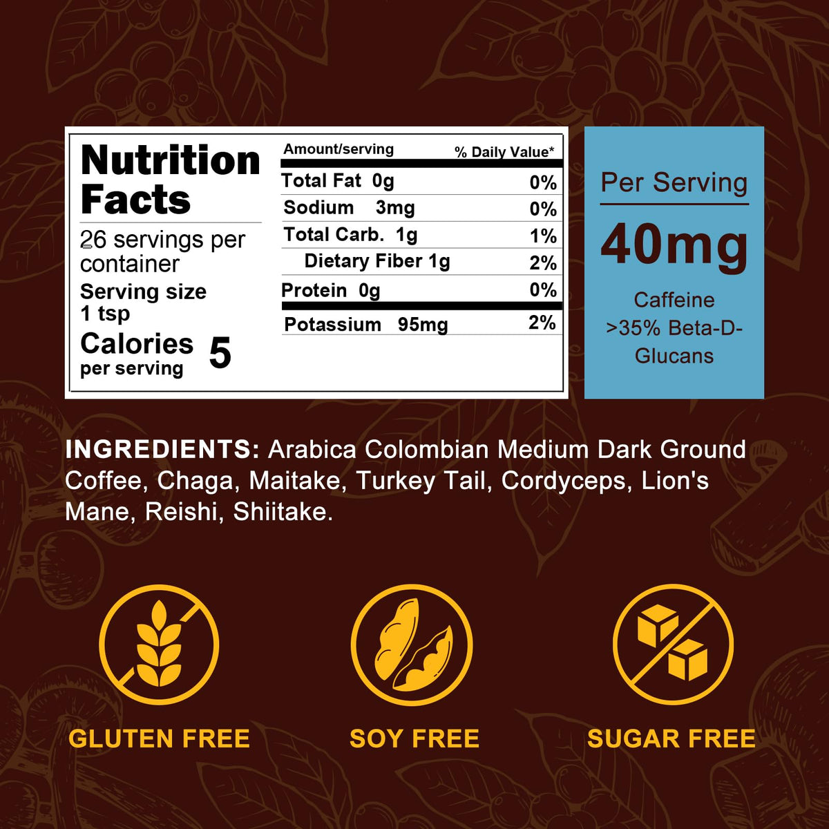 Orgnisulmte Premium Mushroom Coffee 4.58 Oz, Fresh Ground Colombian Instant Coffee With 7 Superfood Mushrooms Better Taste, Natu