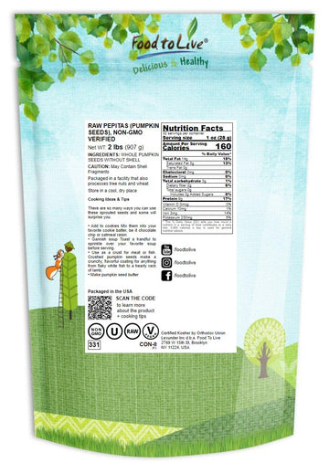 Food To Live - Raw Pepitas, 2 Pounds Non-Gmo Verified, Pumpkin Seed Kernels, Unsalted, No Shell, Vegan, Kosher, Keto, Bulk. Wholesome Snack. High In Protein, Essential Fatty Acids. Great For Baking.