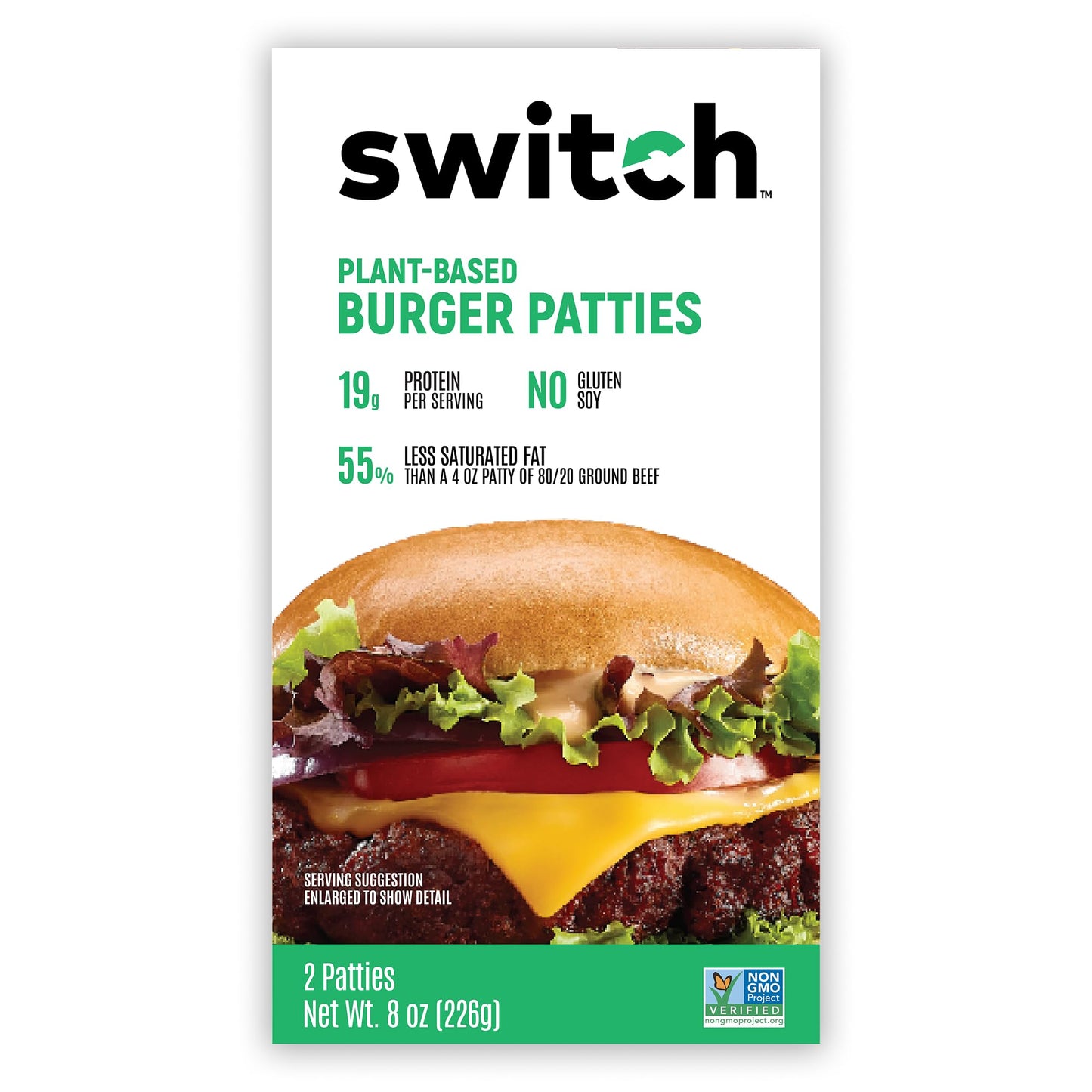 Switch Foods Plant-Based Burger Patties | High-Protein | Soy Gluten Gmo Dairy & Allergen Free | 19G Protein | Kosher & Halal | 2 Pack | 8 Oz