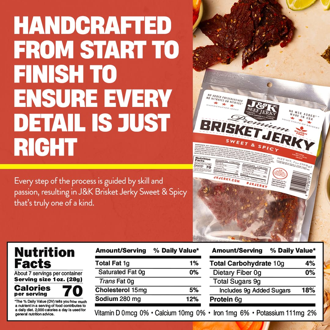 J&K Jerky Sweet & Spicy Brisket, Small Batch Handcrafted Beef Jerky 7 Oz