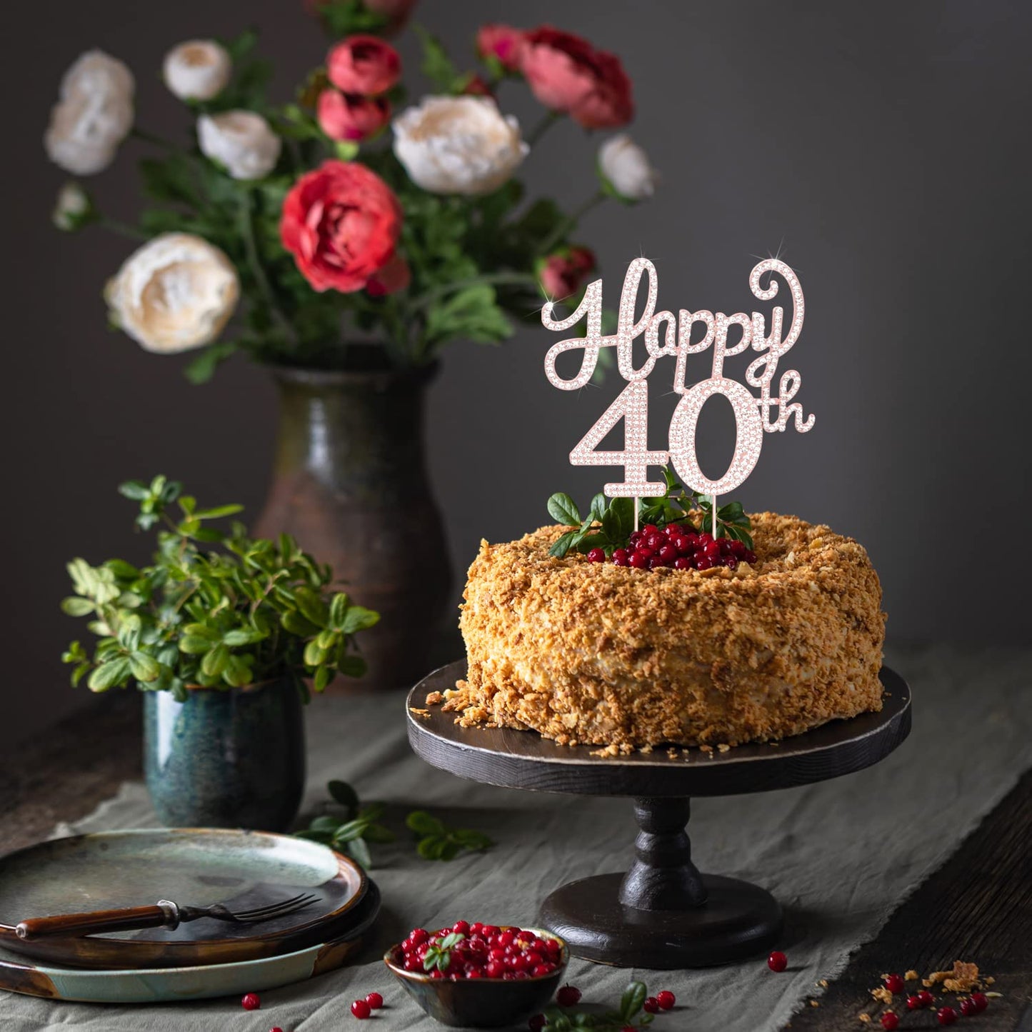 Happy 40Th Birthday Rose Gold Rhinestone Cake Topper - 40Th Birthdayanniversary,Cheers To Forty Years Old Bday Party Metal Spark