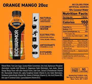 BODYARMOR Sports Drink, Orange Mango Flavor, Coconut Water Hydration, 20 Fl Oz (Pack of 6)
