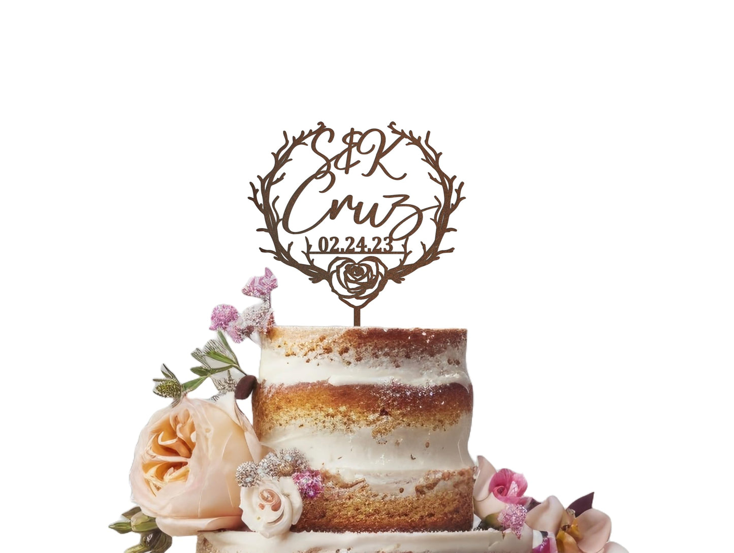 Personalized Mr & Mrs Cake Topper - Boho Rose Design For Weddings & More