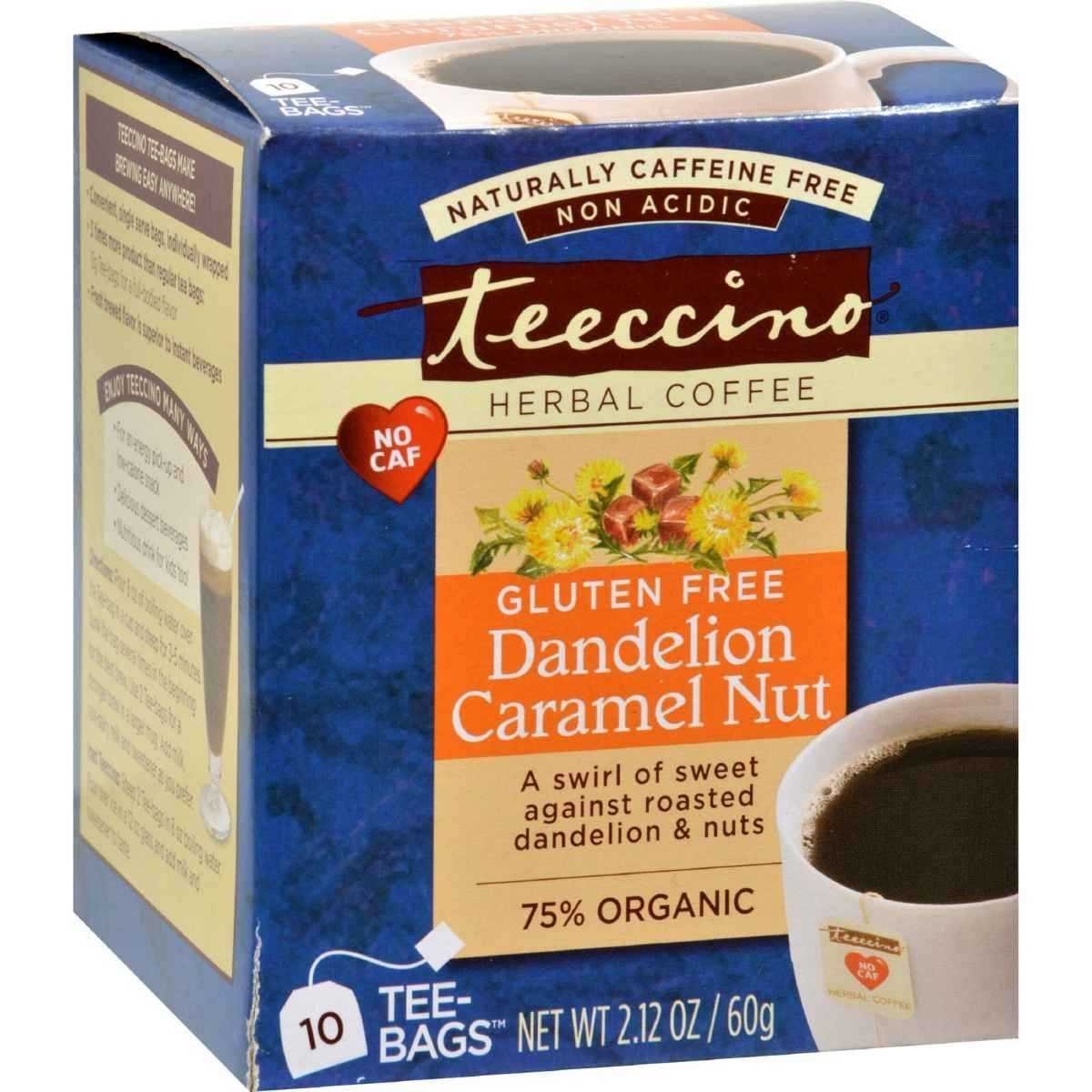 Teeccino Gluten Free Organic Chicory Herbal Tea Dandelion Caramel Nut Tea Bags, Caffeine Free, Acid Free, 10 Count (Pack of 6)6