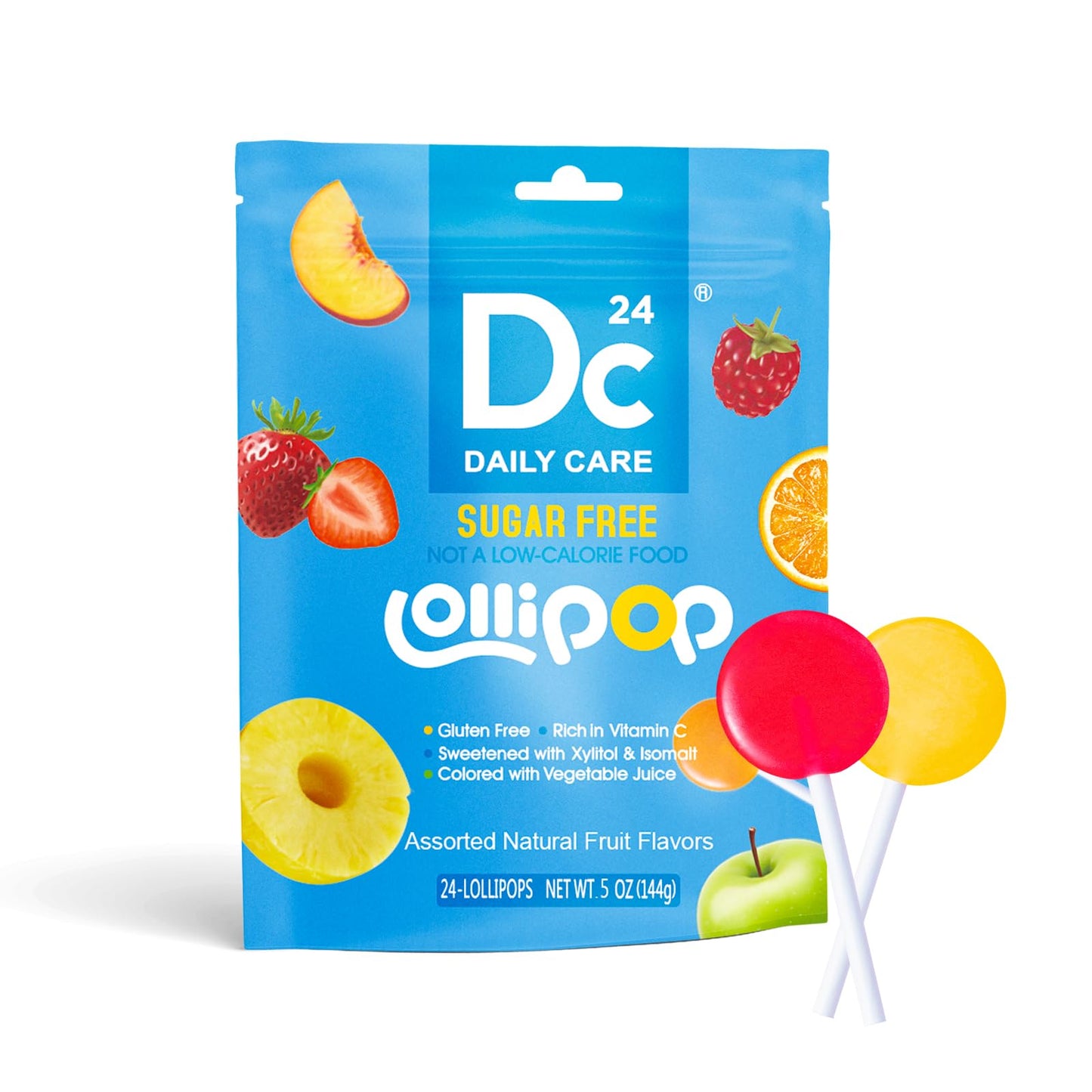 DC24 DAILY CARE Lollipops, Sugar free Suckers, Rich in Vitamin C Pops, Anti Cavity, Natural Fruit Assorted Flavors 24 Lollipops