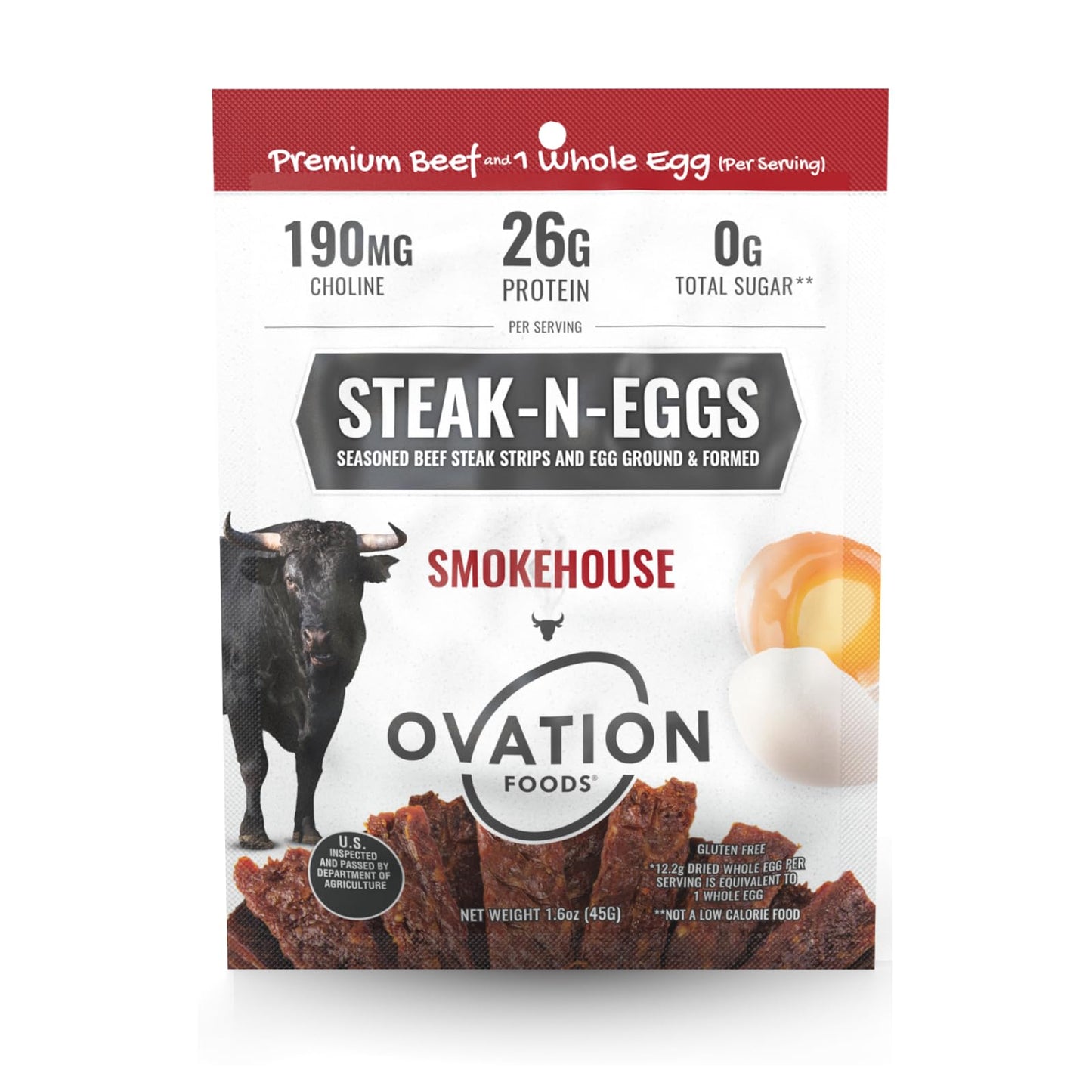 Ovation Foods Steak-N-Eggs Beef Layers Zero Sugar High-Protein Jerky (26G Top-Grade Protein) Gluten Free Keto 190 Mg Choline Paleo 1.6Oz Bag (4 Count) - Smokehouse