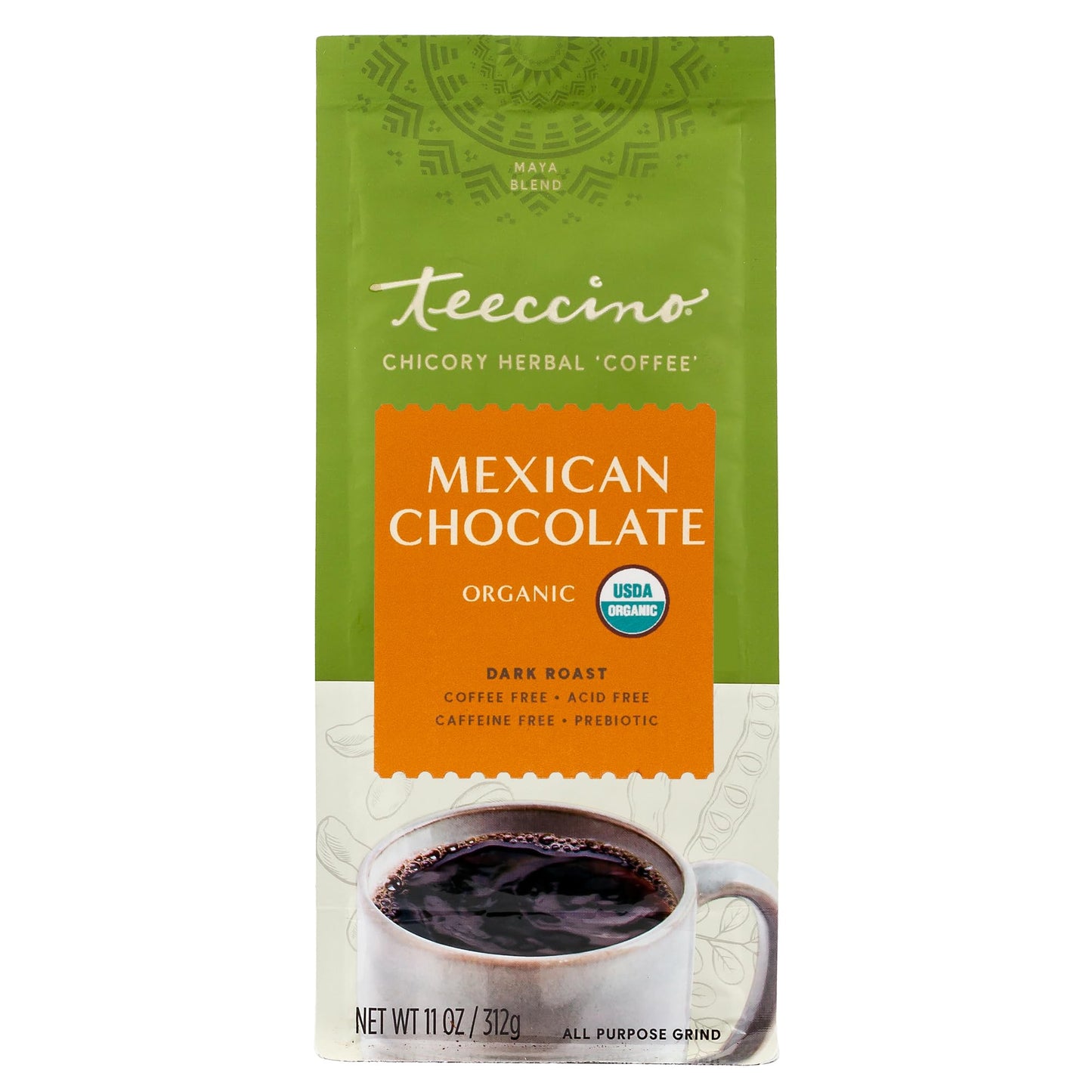 Teeccino Mexican Chocolate Chicory Coffee Alternative - Dark Roast, Caffeine-Free, 11 Ounce