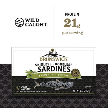 Brunswick Wild Caught Skinless And Boneless Sardines, Served In Olive Oil, 4.4 Ounce