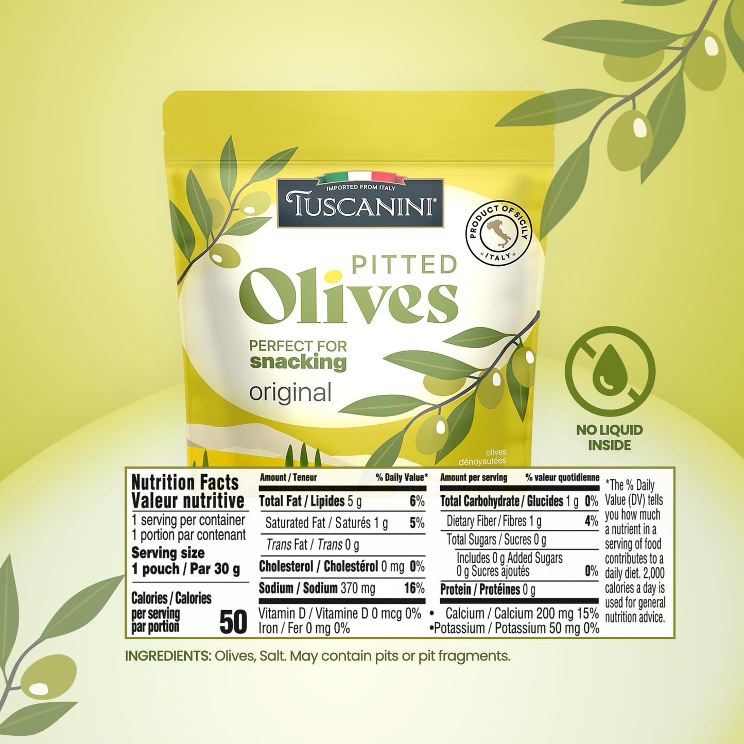 Tuscanini Italian Pitted Olive Snack Packs, 1 Oz (6 Pack) | Convenient Olive Pouches For Snacking | No Oil | Gluten Free, Vegan,