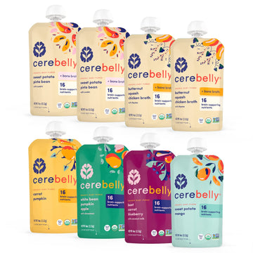 Cerebelly Organic Baby Food Pouches, Veggie & Bone Broth Purees, 16 Nutrients, No Added Sugar, Non-Gmo, Toddler Snacks, 6 Flavors, 4Oz, 8 Pack