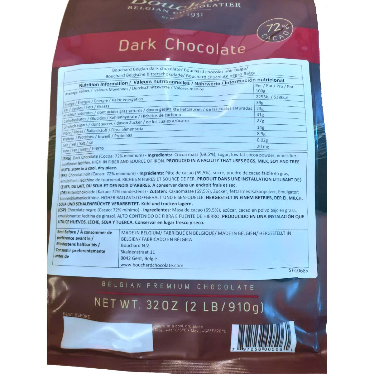 Bouchard Belgian Dark Chocolate, 72% Cacao, Individually Wrapped, 32 Ounce (2 LB)