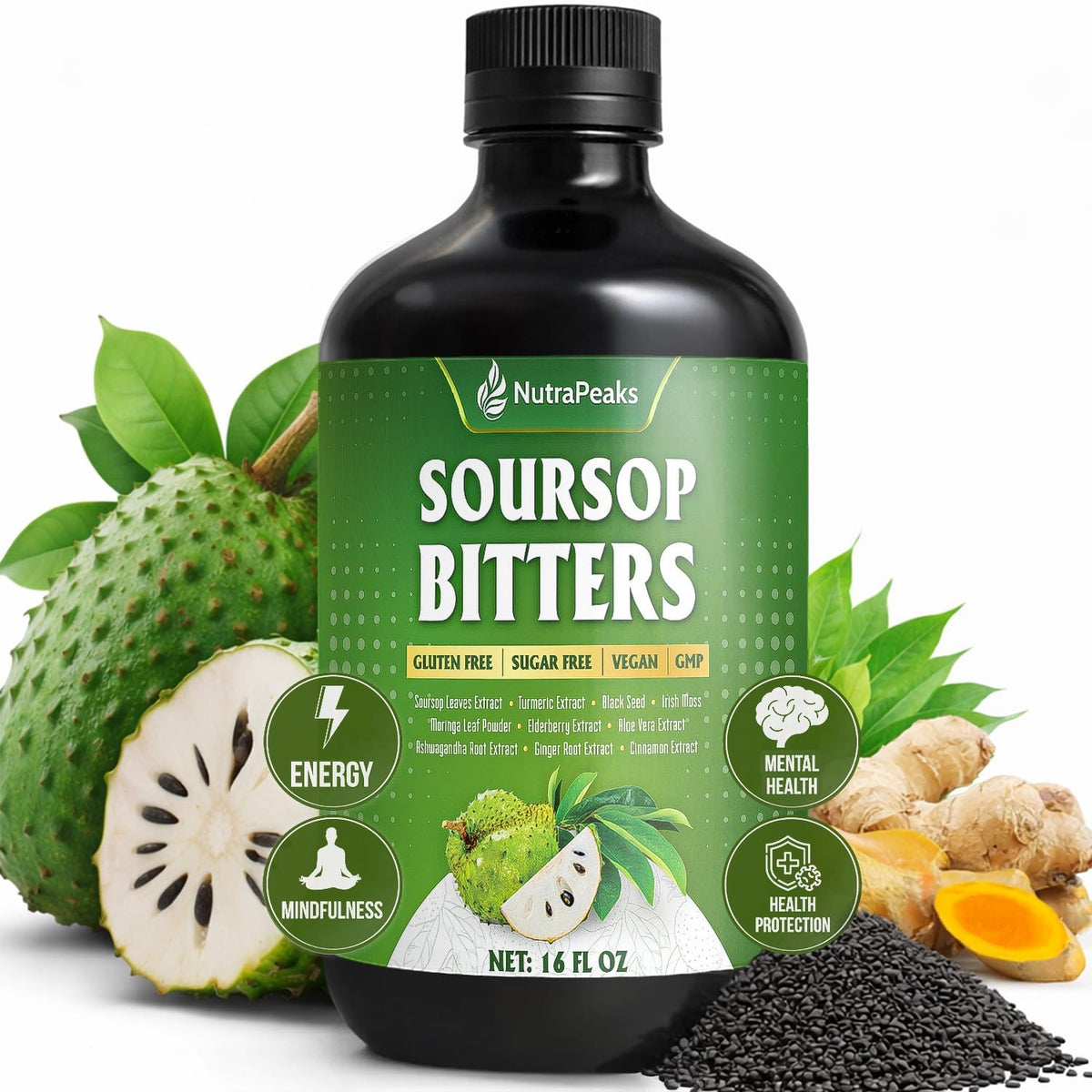 Soursop Bitters Liquid โ Herbal Daily Wellness Formula with Soursop, Ginger, Turmeric & Black Seed Mixed Berry Flavor