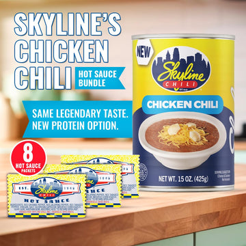 Skyline Chicken Chili Bundle - 4-Pack 15 oz Cans with 8 Packets of Skyline Chili Hot Sauce Authentic Cincinnati Chili & Spicy Sauce Combo for Coneys Spaghetti Nachos & Low Carb Meals