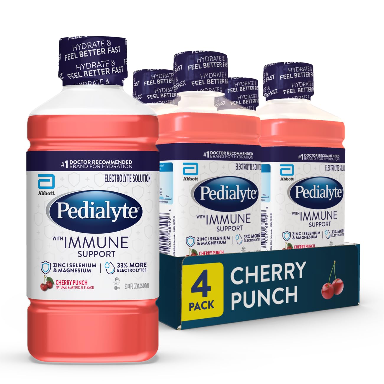 Pedialyte with Immune Support Electrolyte Solution, Hydration Drink with Zinc, Selenium, and Magnesium, Cherry Punch, 1 Liter, P