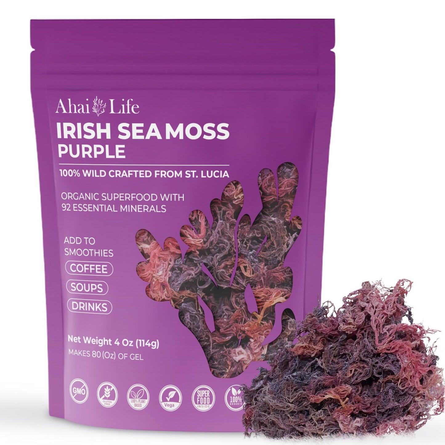 Purple Sea Moss Raw Organic| Makes 80Oz Of Gel - 100% Wild Crafted| Non-Gmo Sun-Dried Mineral Rich Super Food For Energy| Booster Healthy Immunity Digestion (4Oz)