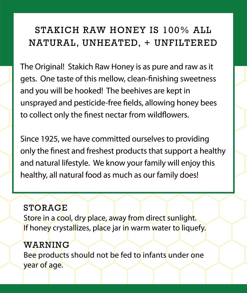 Stakich Raw Honey - Pure Unprocessed Kosher - 5 Pound (80 Ounce)