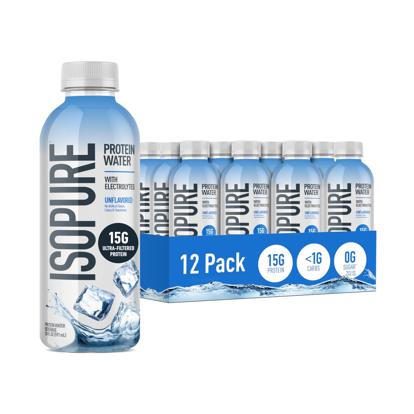 Isopure Clear Protein Water with Electrolytes, 15g Whey Protein Isolate, Zero Sugar, Unflavored, 20 fl oz Bottles, 12-Pack
