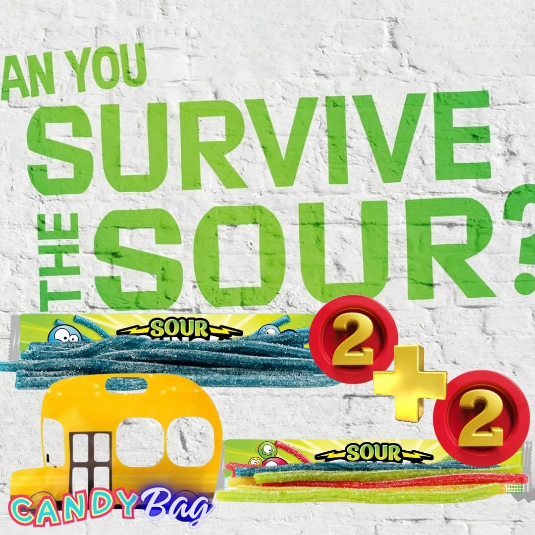 (Pack Of 4) Sour Straws Lovers - 4 Extra Large Unique Trays Of 4 Flavors Variety Candy - Blue Raspberry, Strawberry, Green Apple