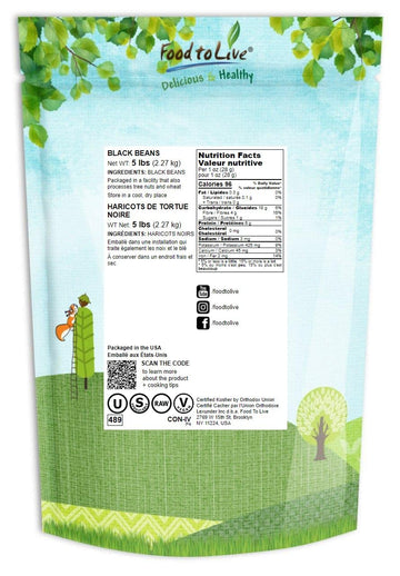 Food To Live - Black Turtle Beans, 5 Pounds Whole Dried Beans, Sproutable, Vegan, Kosher, Bulk. Low Sodium. Great Source Of Plant Based Protein, Fiber. Great For Bean Soup, Salads, Stews, Chili.