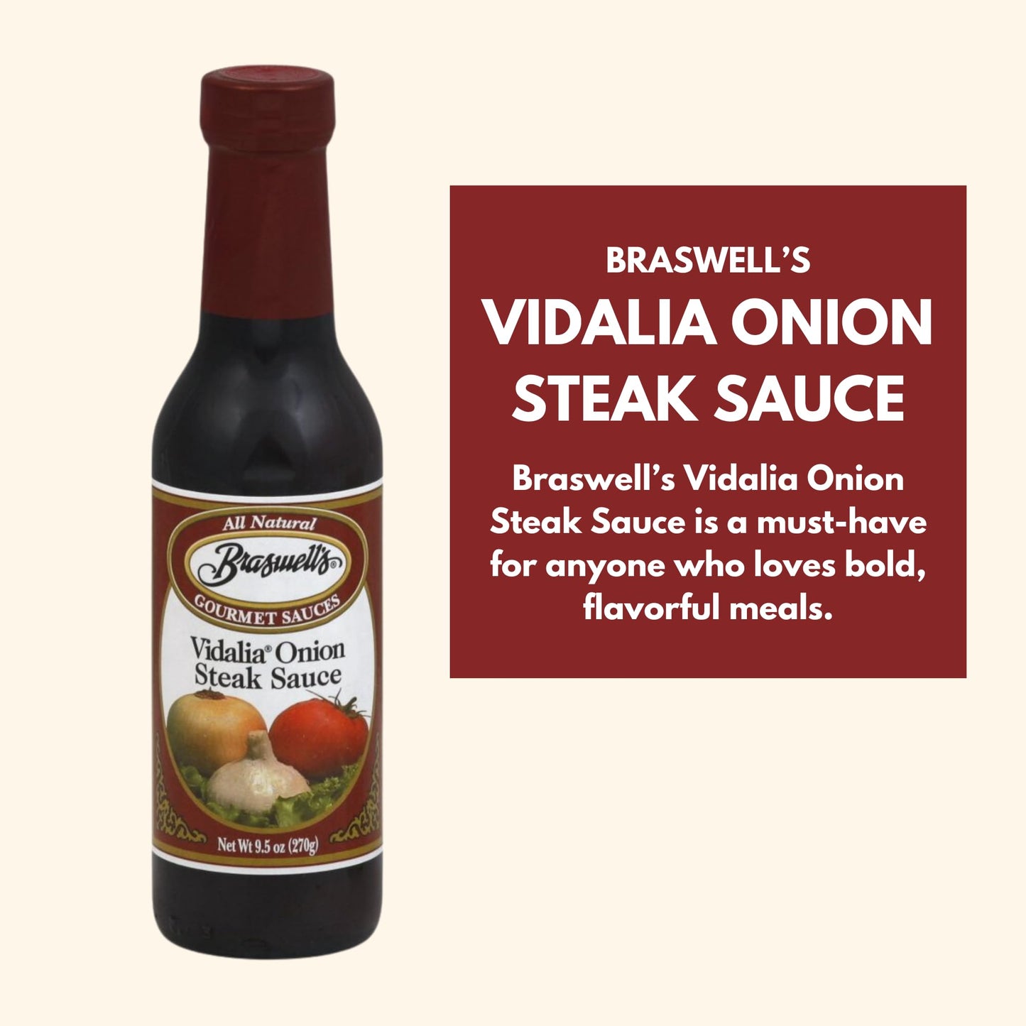 Braswell's Vidalia Onion Steak Sauce - 9.5 Oz, Perfect for Marinades and Grilling