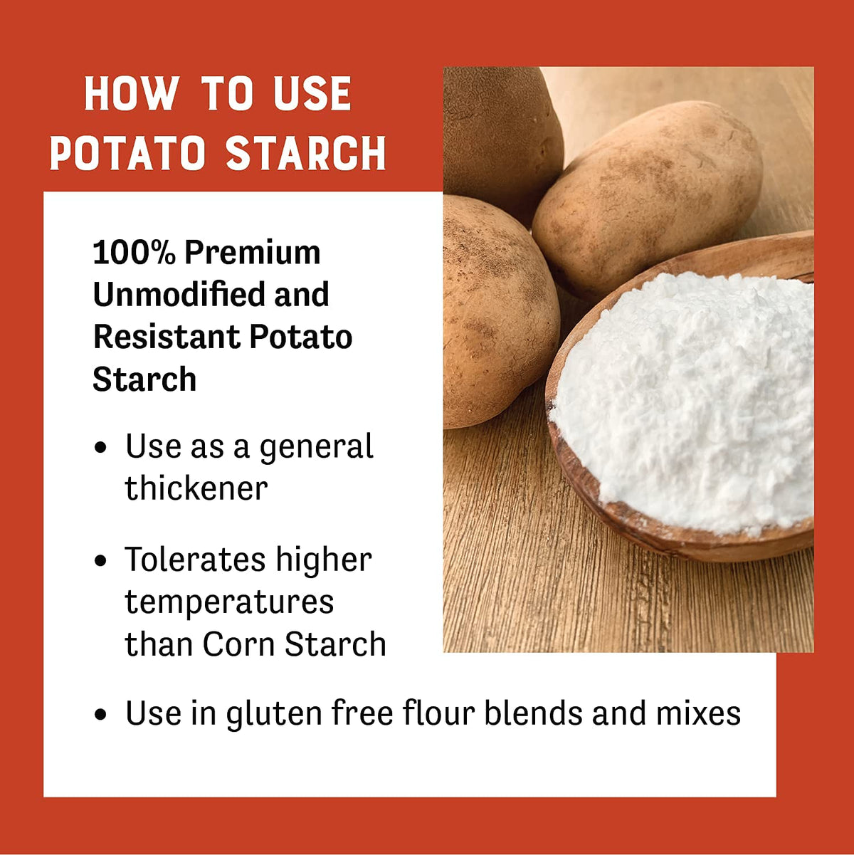 Judees Unmodified Potato Starch 4 lb - Just One Ingredient - Great for Breading, Thickening, Cooking, and Baking - 100% Non-GMO,