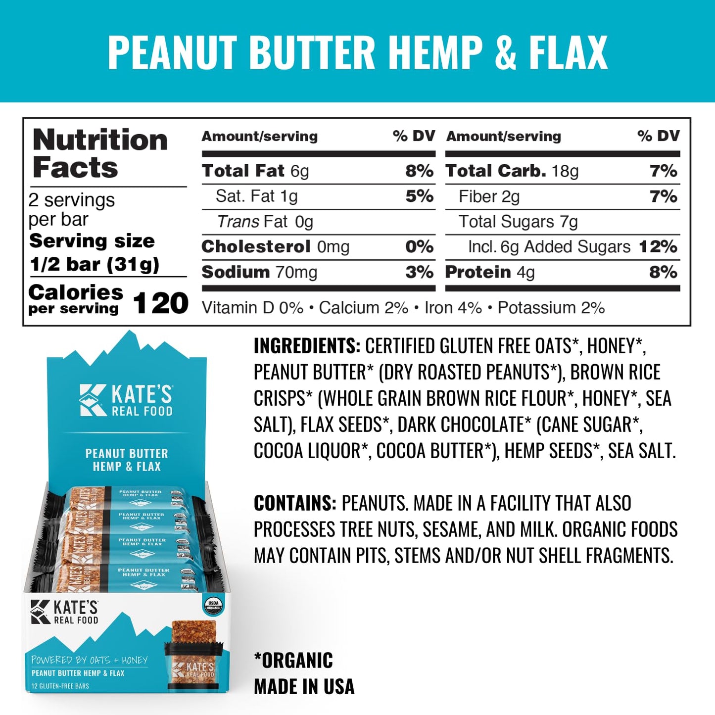 Kates Real Food Organic Granola Bars - Peanut Butter Hemp & Flax (2.2 oz Pack of 12) - Organic Energy Bars Made with Gluten Free Oats - Non GMO Soy Free Whole Grains and All Natural - Healthy Snacks