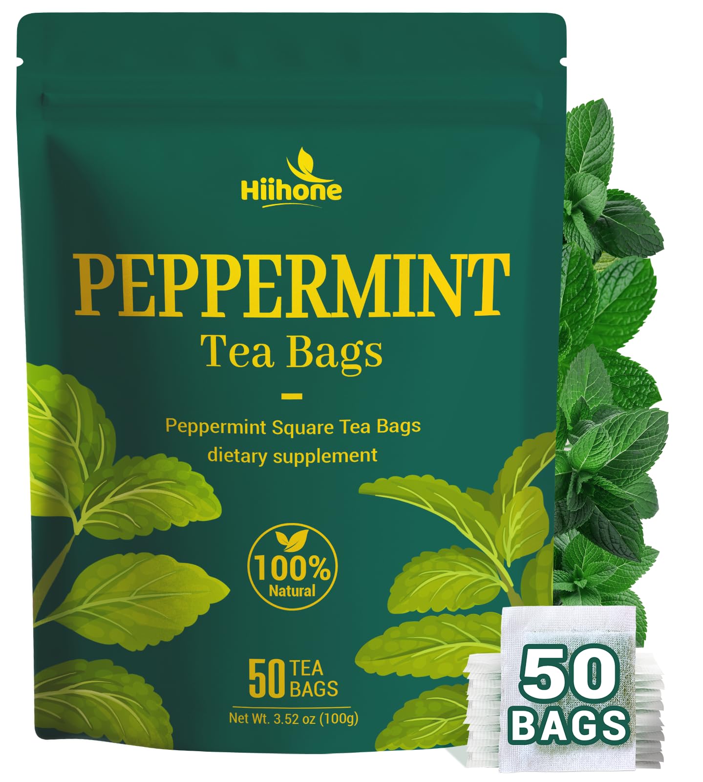 Hiihone Peppermint Tea Bags 100% Pure Peppermint Leaves Fresh Minty Herbal Tea Naturally Energy Blend-Free Non-Gmo Enjoy Hot Or Iced 50 Tea Bags