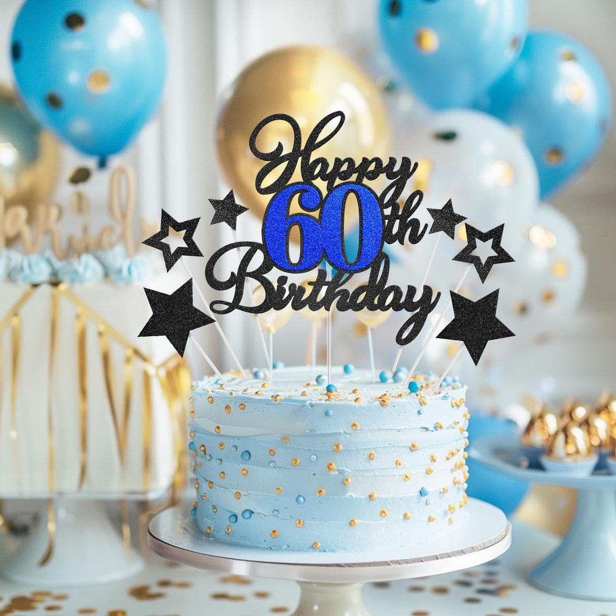 Happy 60Th Birthday Cake Toppers, Black Blue Glitter Cake Decorations Set, 60Th Birthday Decor, Birthday Anniversary Party Decor