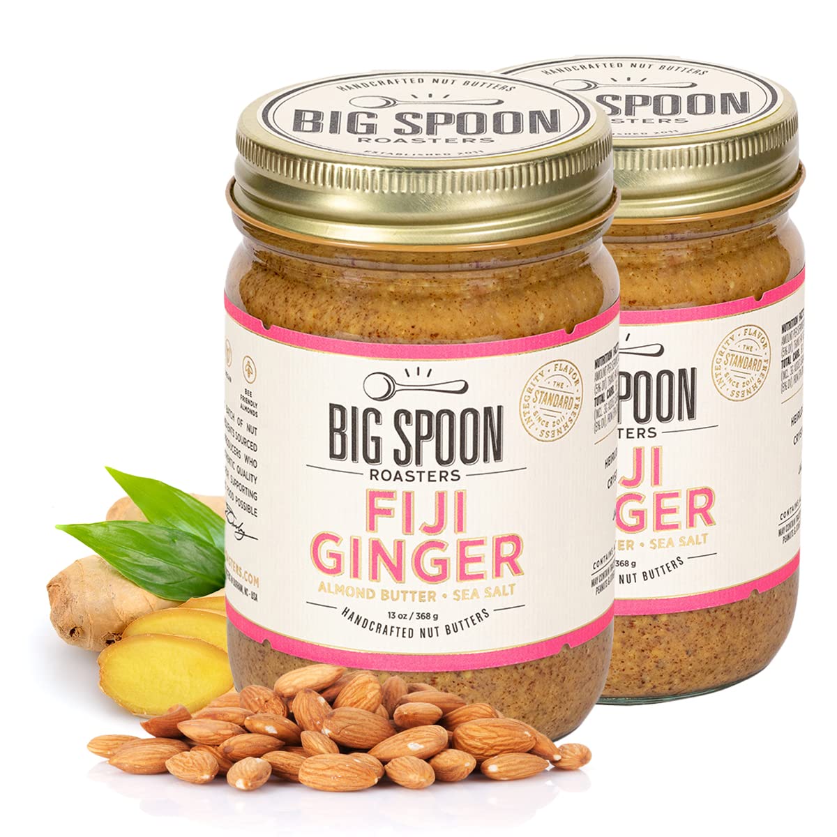 Big Spoon Roasters Fiji Flavor Blendger Almond Butter With Sea Salt - Keto Friendly Low Sugar Almond Butter - Crunchy & Bee-Friendly Almonds - Gourmet & Pure Almond Nut Butter - 2 X 13 Ounces