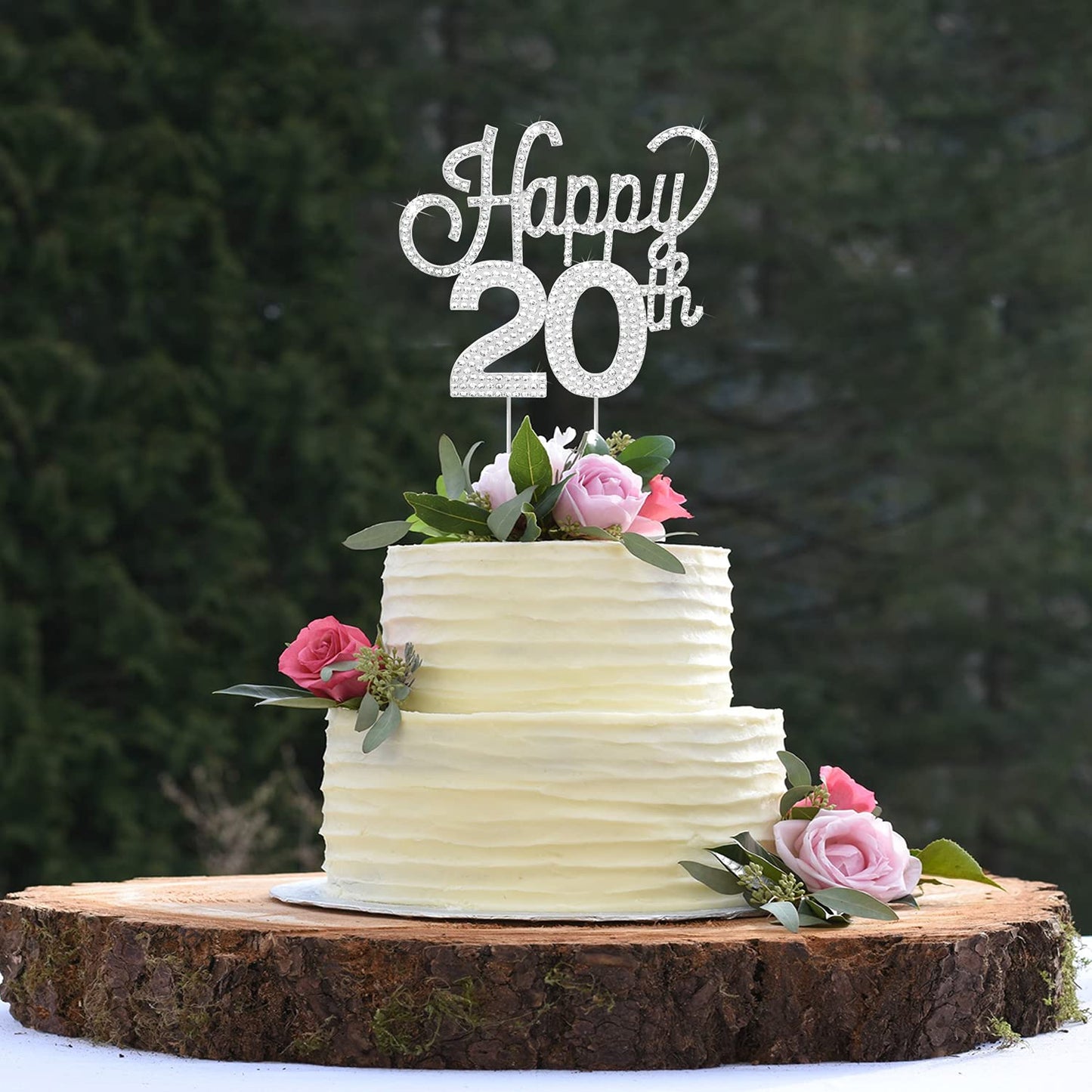 Lingteer Happy 20Th Birthday Silver Rhinestone Cake Topper - Cheers To 20Th Birthday Twenty Years Old Party Cake Centerpieces To