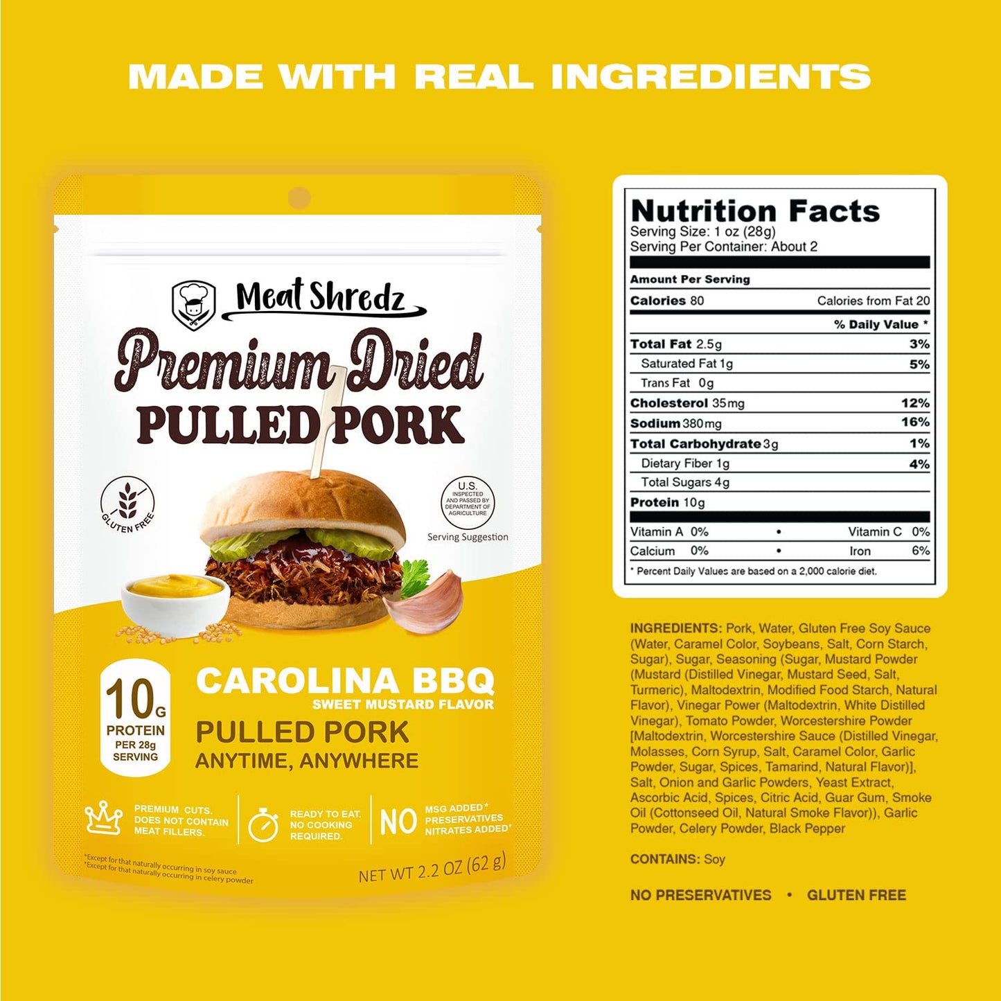 Meat Shredz - Enhanced Dried Pulled Pork (Carolina Bbq - Sweet Mustard, 4 Pack) | Gluten Free | High Protein & Low Sugar | Bacon Bits | Dehydrated Backpacking & Camping Food | Shredded, Dried Jerky Chew Snack