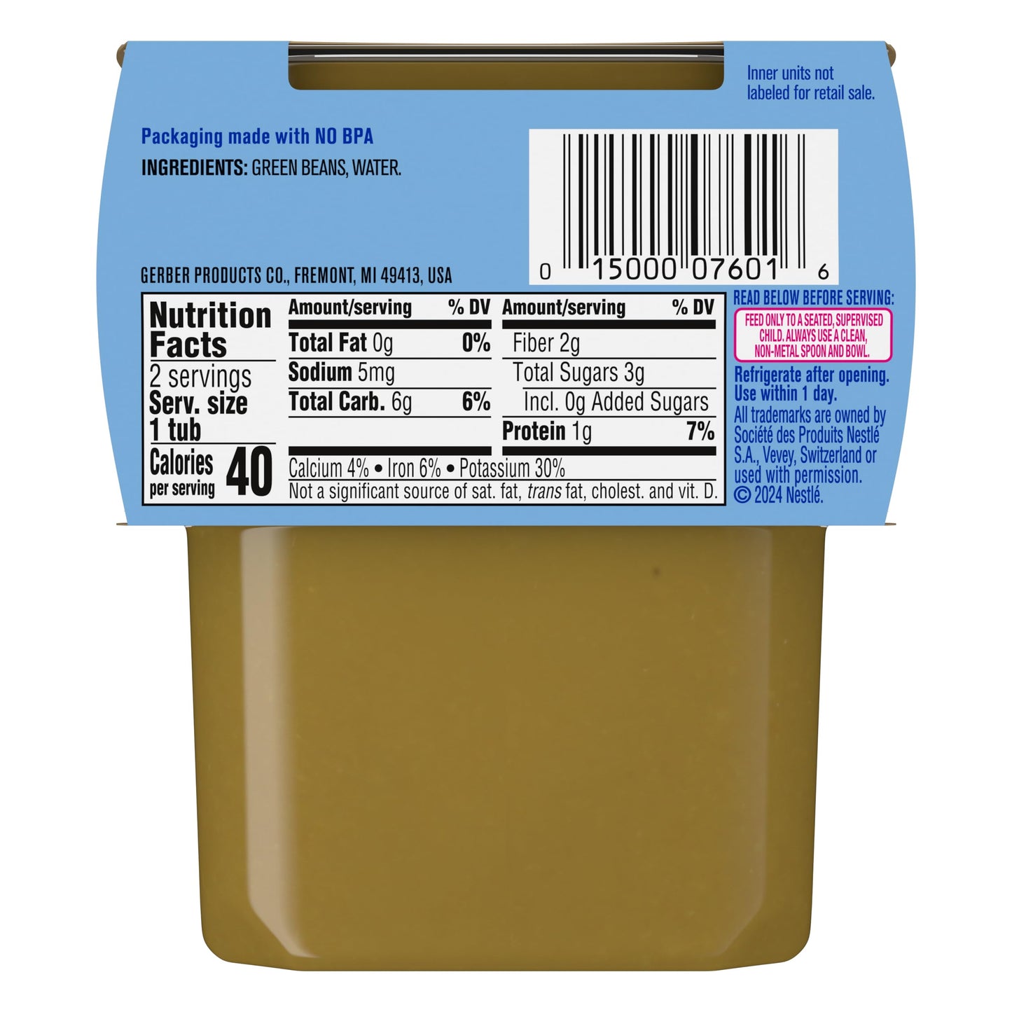 Gerber 2Nd Food Baby Food Green Bean Puree, Natural & Non-Gmo, 8 Ounce, 2 Count (Pack Of 8)