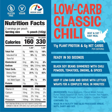 The Good Bean Heat and Eat Pouch - Low-Carb Classic Chili - (4 Pack) 10 oz Pouch - Simmered Black Soybeans with Chili Powder - P