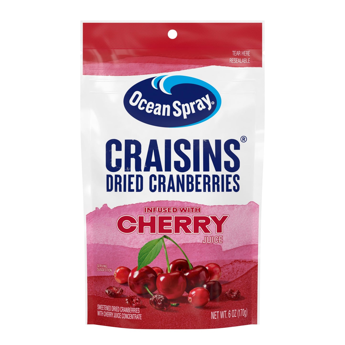 Ocean Spray Craisins Sweetened Dried Cranberries, Cherry Flavored, 6oz Pouch