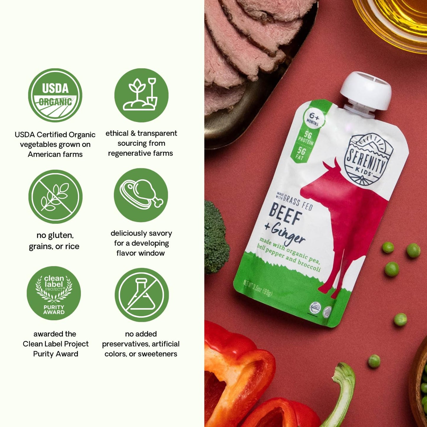 Serenity Kids 6+ Month Baby Food Pouches Puree w/Ethically Sourced Meat & Organic Veggies - 3.5 Oz BPA-Free, Grass Fed Beef, Gin