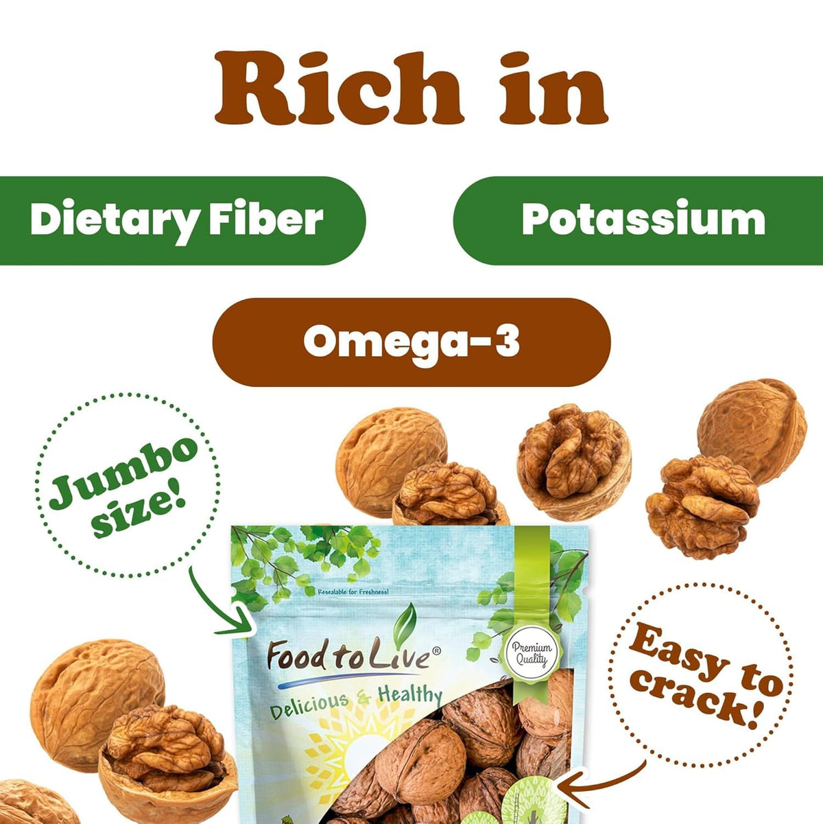 Food To Live Jumbo Walnuts In Shell, 4 Pounds - California Chandler Variety. Rich In Omega-3S And Antioxidants. Keto-Friendly, F